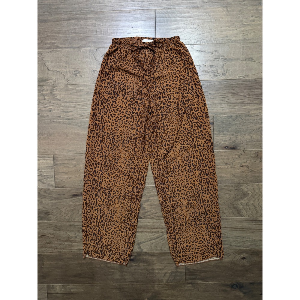 Musera Womens Leopard Print Wide Leg Pants Brown Elastic Waist Drawstring Size S